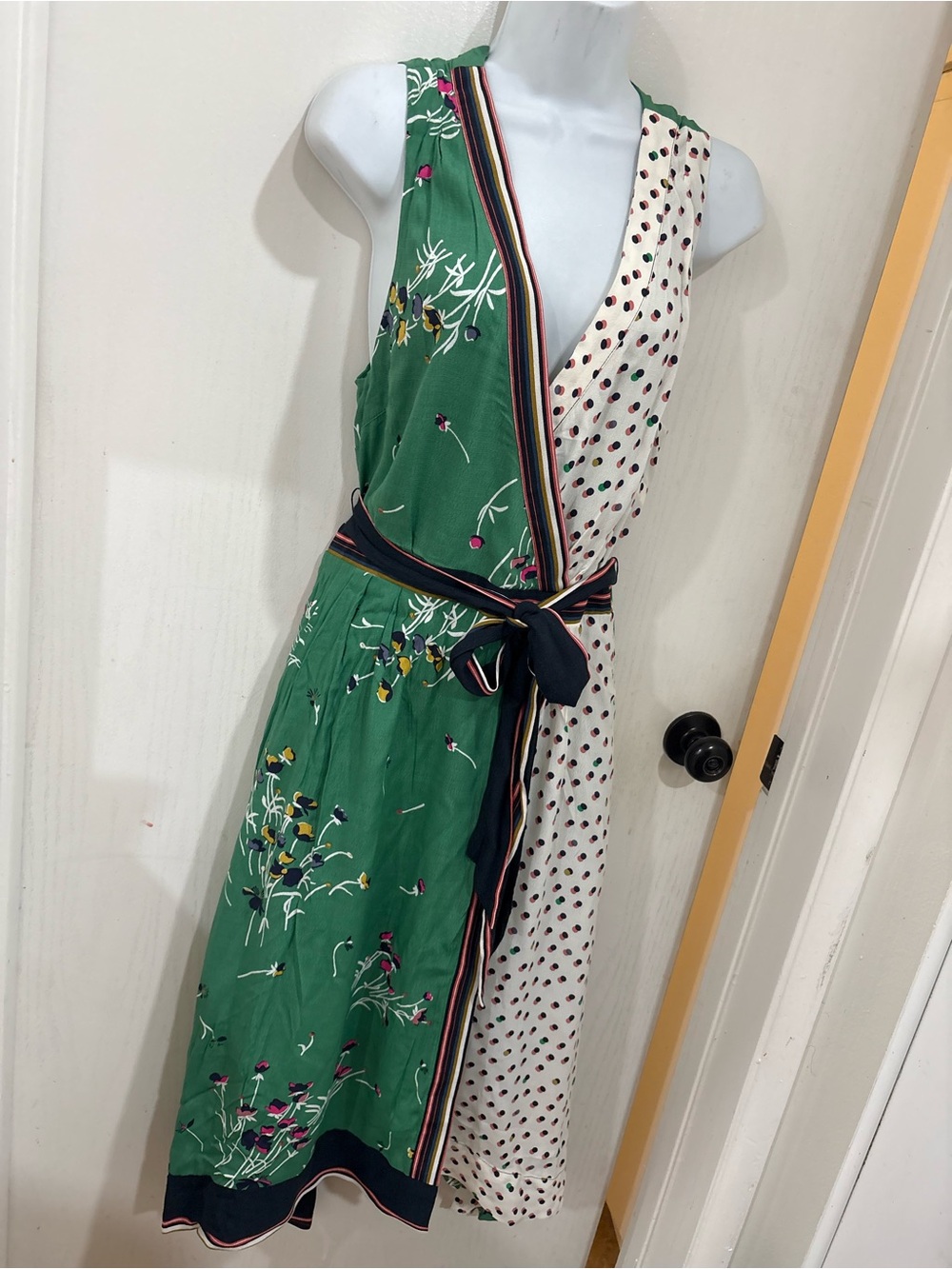 Maeve Anthropologie bohemian Green & Cream Floral Wrap Dress with Polka Dot Pane - Picture 6 of 8